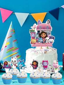 Gabby's Dollhouse [ Essential Party Decorations ]Gabby's Dollhouse Birthday Cake Display Cards, Cute Cartoon Flag Decoration Sets, Dessert Table Decoration Props, Birthday Party Photo Materials!