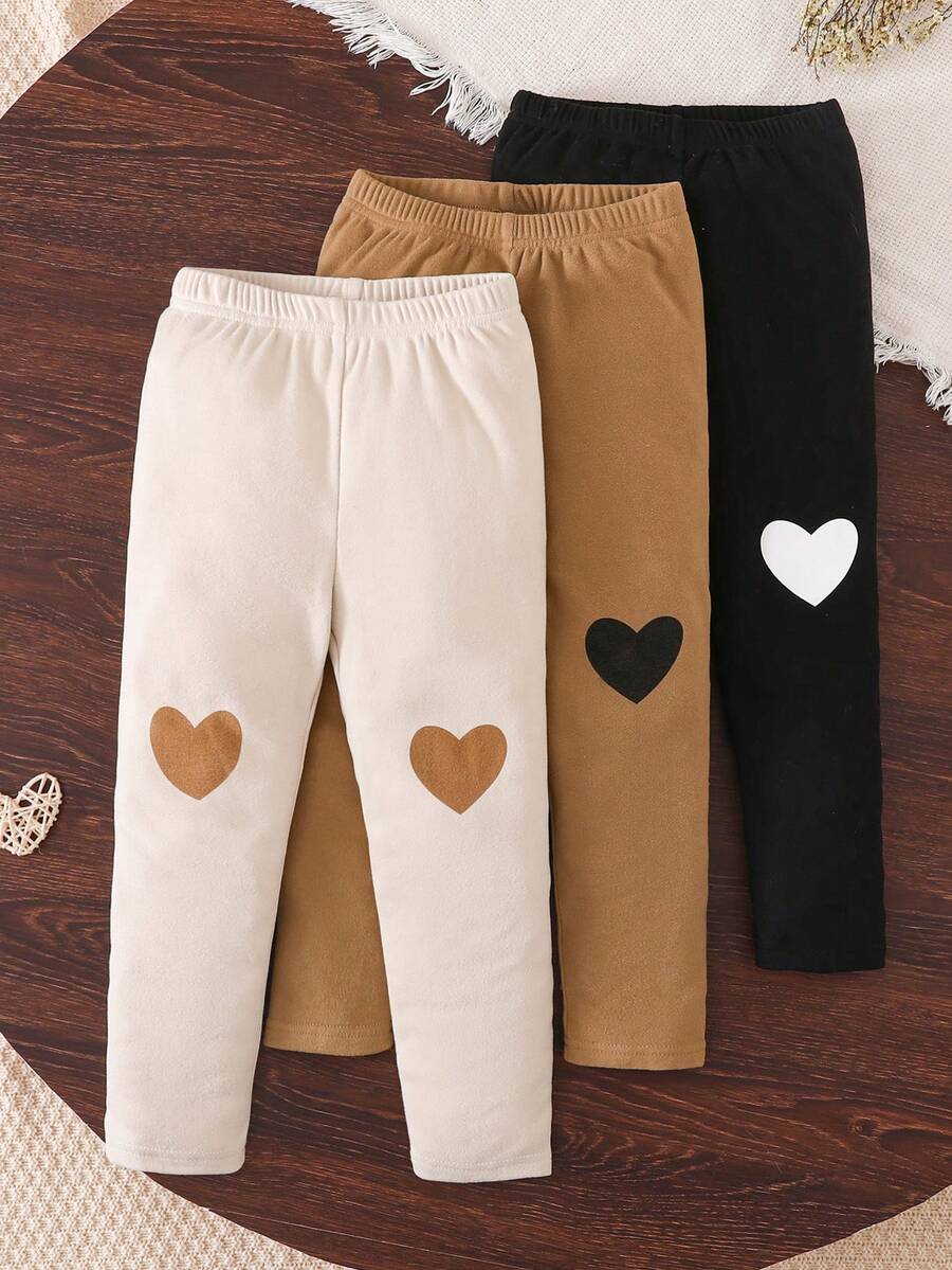 3 件套女童直筒裤，杏色、棕色、黑色，印有可爱心形图案 - 彩色 - 查看 1