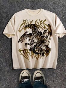 Men Fall Clothes/Fall Clothes For Women Classic Anime White Dragon Pattern Printed Pure Cotton Washed Printed T-Shirt - A Soft And Comfortable Casual Washed T-Shirt With Bold Explosive Artistic Design, Short Sleeves, 100% Cotton, Men Fall Clothes/Fall Clothes For Women/Halloween Is Perfect For Home And Casual Wear - DG004 - 杏色 - 查看 1