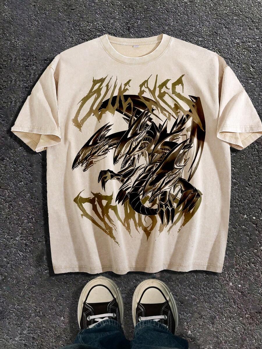 Men Fall Clothes/Fall Clothes For Women Classic Anime White Dragon Pattern Printed Pure Cotton Washed Printed T-Shirt - A Soft And Comfortable Casual Washed T-Shirt With Bold Explosive Artistic Design, Short Sleeves, 100% Cotton, Men Fall Clothes/Fall Clothes For Women/Halloween Is Perfect For Home And Casual Wear - DG004 - 杏色 - 查看 1