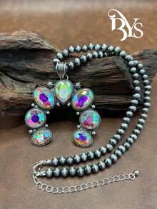 时尚优雅的西部牛仔风格仿珍珠 CCB 串珠链/铁链、花朵吊坠项链、耳环，百搭短款，适合休闲装，四季珠宝，适合女士和女孩搭配日常服装、派对配饰，送给家人/朋友/自己的珠宝礼物 - 西部牛仔風格 - 查看 2