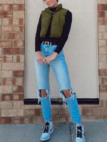 Women's Cropped Padded Vest Lightweight Zip Up Sleeveless Coat Winter Fashion Outerwear - xanh quân đội - Xem 3