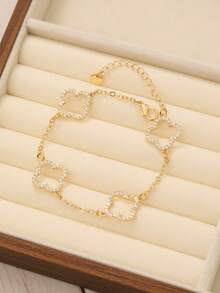 Bộ vòng tay và lắc tay bằng thép không gỉ đính đá Zirconia hình cỏ bốn lá thời trang thanh lịch dành cho nữ, thích hợp đeo hàng ngày, đeo nhiều lần, hẹn hò đôi, phối đồ trong nhiều dịp và làm quà tặng - Vàng - Xem 8