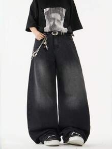 1 chiếc quần jeans ống rộng dáng rộng thoải mái, đa năng Justice Brother dành cho nam (không bao gồm thắt lưng và phụ kiện) - màu đen - Xem 1