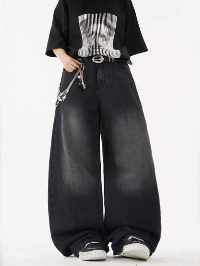 1pc Justice Brother Casual Loose Fit Comfortable Versatile All-Season Wide Leg Jeans For Men (Belt And Accessories Not Included)