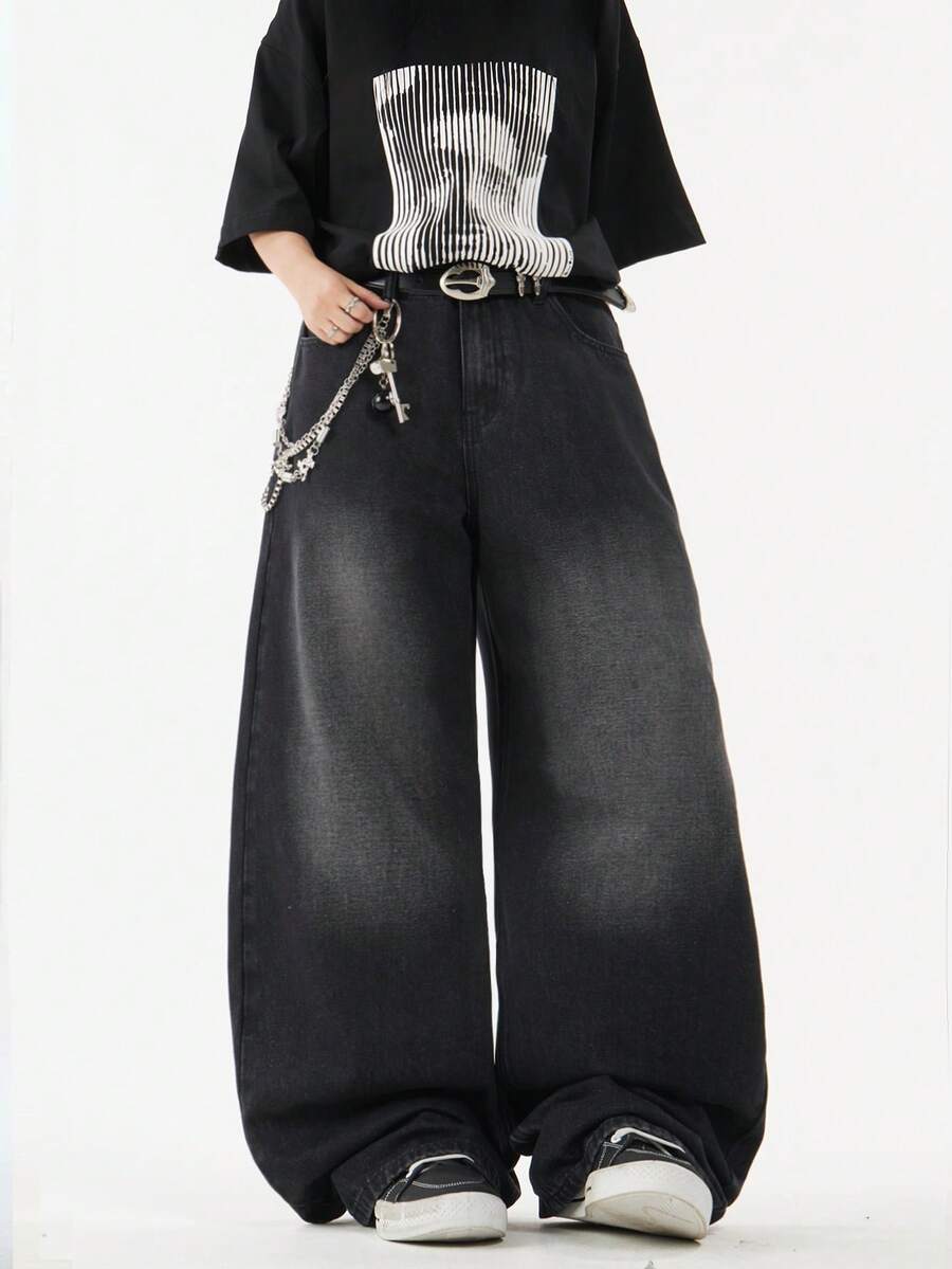 1 chiếc quần jeans ống rộng dáng rộng thoải mái, đa năng Justice Brother dành cho nam (không bao gồm thắt lưng và phụ kiện) - màu đen - Xem 1