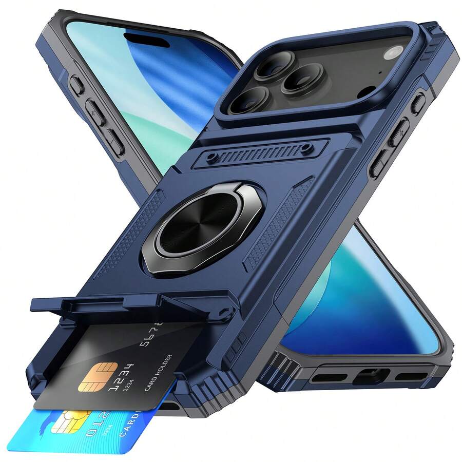 Heavy-Duty Shockproof Protective Case With Card Holder For IPhone 17/16/Pro/Pro Max + 360° Magnetic Ring Stand & Car Magnetic Mount - Màu xanh lam - Xem 1