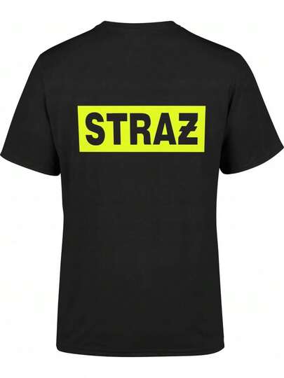 Herrtröja med grafisk design från Brandkåren - Svart skjorta med gul STRAZ-text - Casual, vardag och formella evenemang - Bekväm passform året runt - Urban Streetwear Viktiga brandmänsfans, branddekor, evenemangskläder, rund halsringning, bekväm passform, slitstarkt tyg, geometriskt mönster, robust konstruktion, vuxenkläder
