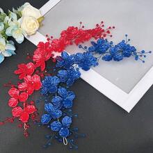 1 Stück Damen Rot & Blau Blumen Haarband, eleganter perlenbesetzter Braut Haarschmuck, handgefertigter Haarreif für Hochzeit, Verlobung, Party