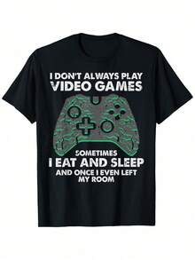 Men's Funny Gaming T-Shirt - 'I Don't Always Play Video Games' Pattern, 100% Cotton, Breathable Soft Casual Street Style Hip-Hop T-Shirt, Black With Green Game Controller Design - Black - View 6