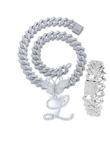 银色女士项链 A-Z 首字母个性化嘻哈经典蝴蝶字母吊坠链项链和手链套装饰物 26 个幸运字母，适合男女日常佩戴情人节时尚珠宝礼物，妈妈，母亲，母亲节，礼物 - 蝴蝶型 - 查看 58