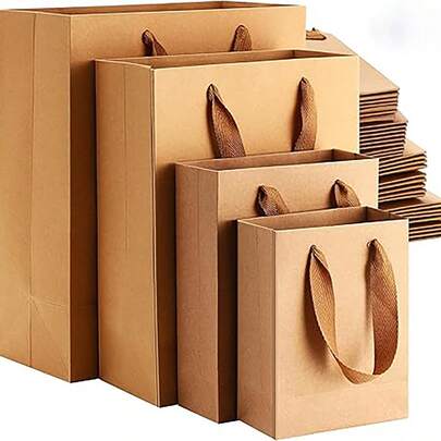 10 piezas/1 pieza Bolsas de regalo de papel kraft con asas, 4 tamaños, bolsas de regalo con asas de tela, bolsas para envolver regalos, bolsas para postres, bolsas de compras, bolsas para mercancía para negocios, boutiques, recuerdos de fiesta