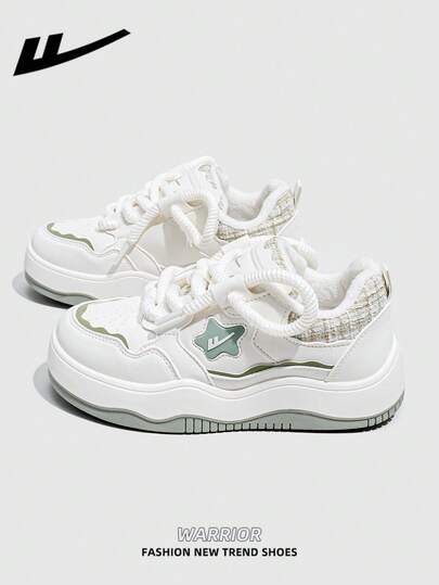  1双 WARRIOR 女式休闲滑板鞋，系带设计，厚底，增高，低帮户外平底滑板鞋，保暖休闲，适合秋冬季。现代设计女式厚底厚底运动鞋，经典款式，复古细节，舒适时尚。拼接材质设计，适合学生。