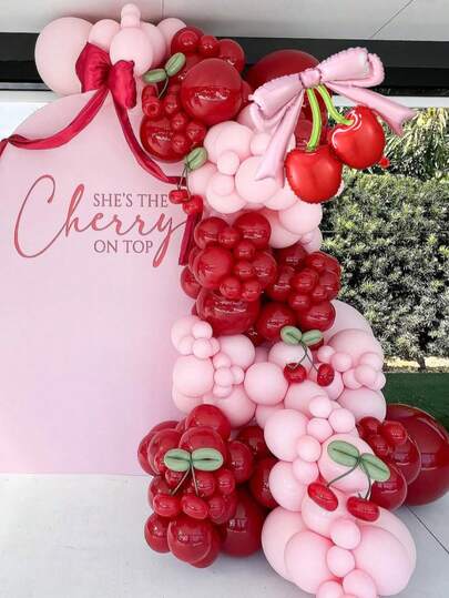 106 globos de látex rojos y rosa pastel con globo de cereza para decoraciones de cumpleaños con tema de cereza, decoraciones de fiesta de frutas lindas, favores de fiesta, decoración del hogar para bodas