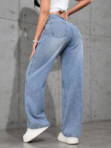 Pantalones vaqueros anchos sueltos y versátiles de mujer con diseño de bolsillos - Lavado ligero - Ver 4