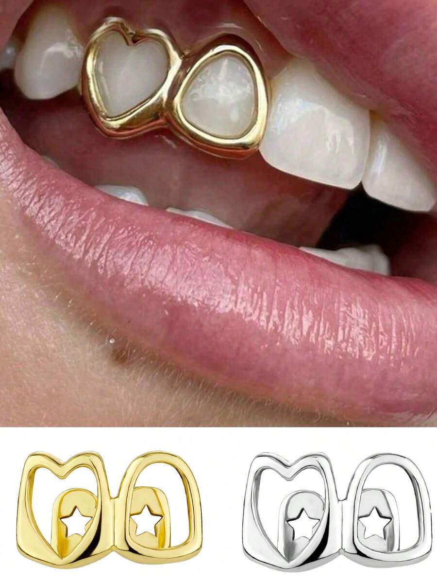 3Pcs 14k Copper Hollow Heart Cutout Clip-On Tooth Jewelry, Y2K Grillz Valentines Halloween Decor Grills For Teeth Women - Multicolor - View 1