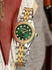 （女孩）简约高颜值时尚水钻圆点刻度表盘钢带石英表，适合生日礼物，光棍节 1 件/套 - 綠色 - 查看 2