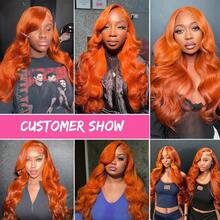 26 英寸姜橙色蕾丝前假发，预拔，可直接佩戴，13x4 英寸高清无胶波浪姜色蕾丝前假发，适合女性，自然造型，人发混纺，耐热纤维，姜色假发 - S350 - 查看 8