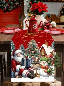 1pc Rustic Christmas Table Runner 35x180cm Santa Claus&Snowman Pattern Polyester Table Cover For Indoor/Outdoor Christmas Parties Supplies, Events, Festive Kitchen Dining Room Table Decorations Merry Christmas Decor 2025 Farmhouse Home Decor - Multicolor - View 6