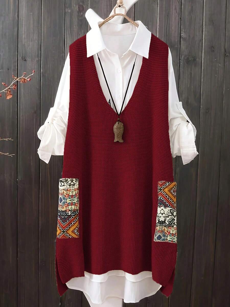 Plus Size Casual V-Neck Random Print Pocket Knit Sweater Dress - Burgundy - View 1