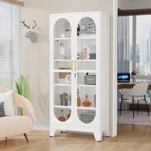 70.9" Glass Door Display Cabinet, Heavy Duty Metal Storage Shelves With Lock, 4-Tier Bookcase With Adjustable Shelves, Tall Curio Cabinet For Living Room, Home Office, Clinic, Exhibition - White - View 9