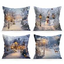 4pcs Christmas Snowy Landscape Printed Pillow Cover Set - Peach Velvet Pillow Case 45*45cm