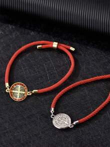 2条新款可调节红色绳手链和圣本笃奖章，女士时尚休闲编织绳手链 - 紅色 - 查看 2