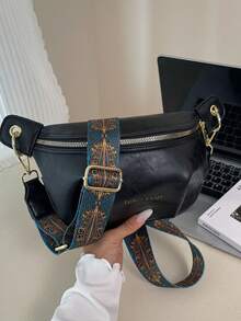 [Chic 2025 时尚单肩包] 深棕色/黑色几何印花宽肩带斜挎包 - 2025 女士时尚单肩包 - 耐用 PU 配涤纶衬里，都市复古风格新时尚大容量高端韩版休闲简约轻便百搭，复古休闲复古风格，字母印花，可调节肩带，女士单肩斜挎包手提包