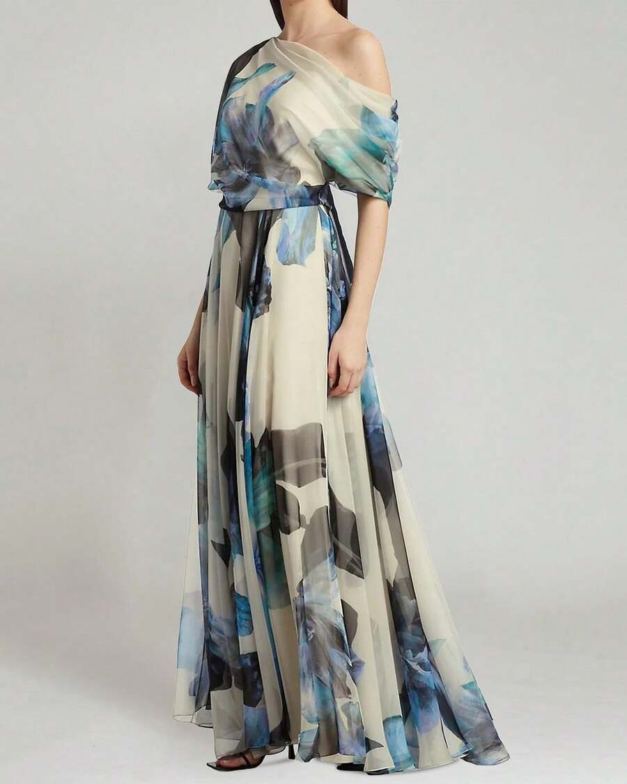 2025 Summer Bohemian Vacation Style Lace-Up Lolita Flared Dress Printed Dress - 藍色 - 查看 1