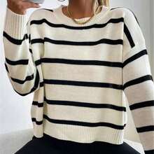1 pezzo Maglione a costine con contrasto di colore a righe, stile casual college, adatto per autunno/inverno, abbigliamento esterno da donna taglie forti - Bianco - Visualizzare 8