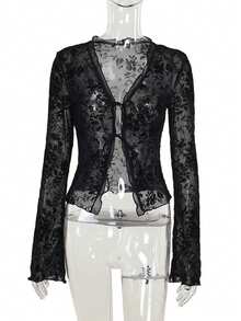 1 Stück Damen Herbst Blumen Mesh Schleife Vorne Rüschen Weite Ärmel Bluse - Schwarz - Übersicht 7