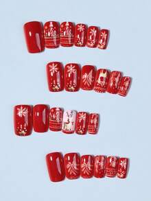 圣诞美甲 24 件短方形圣诞树、雪人、麋鹿、设计法式尖头按压指甲短款完美贴合亚克力假指甲套装，包含 1 件果冻胶和 1 个指甲锉，易于佩戴圣诞美甲和法式尖头指甲，适合女性女孩 DIY 日常工作节日派对使用 - 彩色 - 查看 3