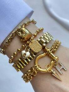 1pc STYLEVER Gold-Color A-Z Letter Bracelet, Rhinestone Letter, Horseshoe Clasp Bracelet, Heart Pendant Bracelet, Stainless Steel Chain, Christmas Gift, Halloween Gift - Golden - View 2