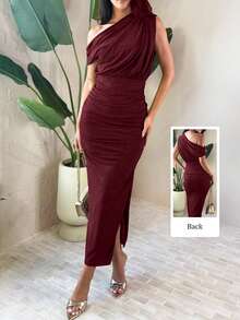 QIANZHIDU 优雅纯色不对称领口褶皱修身连衣裙，夏季 - 酒紅色 - 查看 6