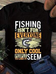Camiseta gráfica negra de algodón de 180 g para mujer, cuello redondo y manga corta. Estampado "La pesca no es para todos, solo a la gente moderna le gusta". Perfecta para uso informal, ligera y transpirable, ideal para el verano y para los amantes de las actividades al aire libre. - Negro - Ver 2