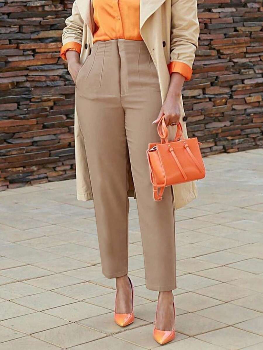 Apperloth A High Waist Patchwork Detail Slant Pocket Casual Carrot Pants Capri, Suitable For Work And Daily Wear - Apricot - View 1