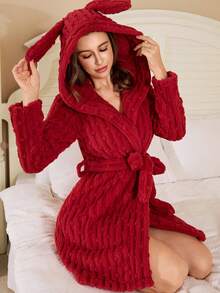 Áo choàng lông cừu trùm đầu có thắt lưng dành cho nữ, đồ mặc nhà dày ấm áp họa tiết sọc, mùa thu/đông, mềm mại, Giáng sinh, ấm áp - Đỏ - Xem 6