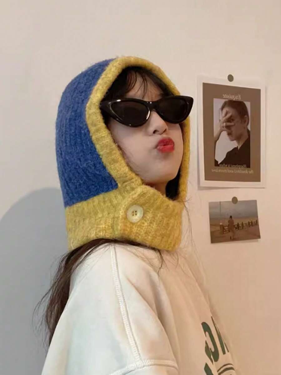 1 Bộ mũ Balaclava màu xám dành cho nữ, khăn len Beanie cho mùa thu/đông, thích hợp cho ngày lễ và sử dụng hàng ngày - Màu vàng - Xem 1