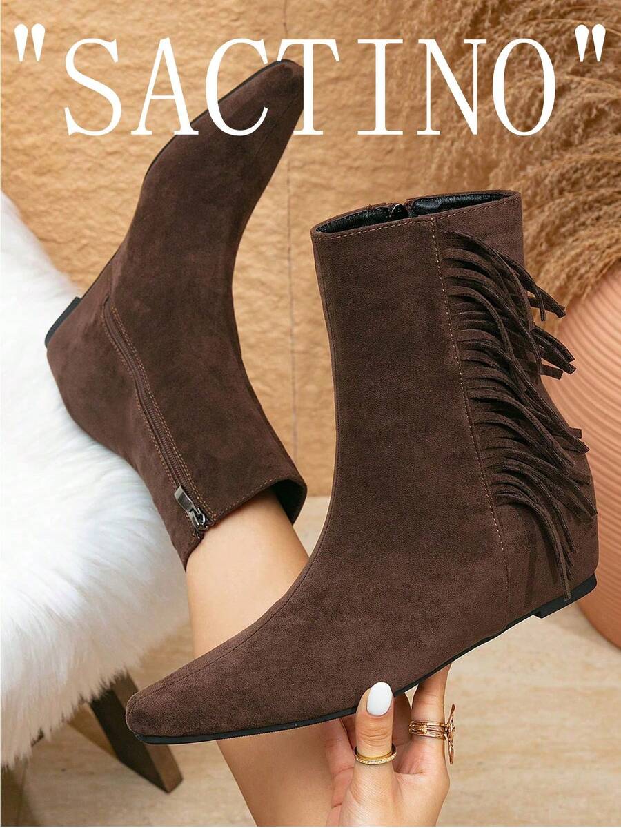 Women's Retro Suede Solid Color Chunky Heel Mid-Calf Boots, Pointed Toe Side Zipper Slip-On Comfortable Versatile Western Style Boots For Autumn/Winter Daily & Party - Brown - View 1