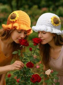 1pc Women Handmade Crochet Ruffle Brim Bucket Hat, Novelty Casual Floppy Cloche Hat - Solid Color - View 6