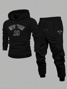 NEW YORK 19 Black Simple Letters Pattern Print Men's 2 Pieces Outfits Hooded Sweatshirt And Drawstring Pants, Casual Comfortable Set For Men Daily Wear - 黑色10 - 查看 1