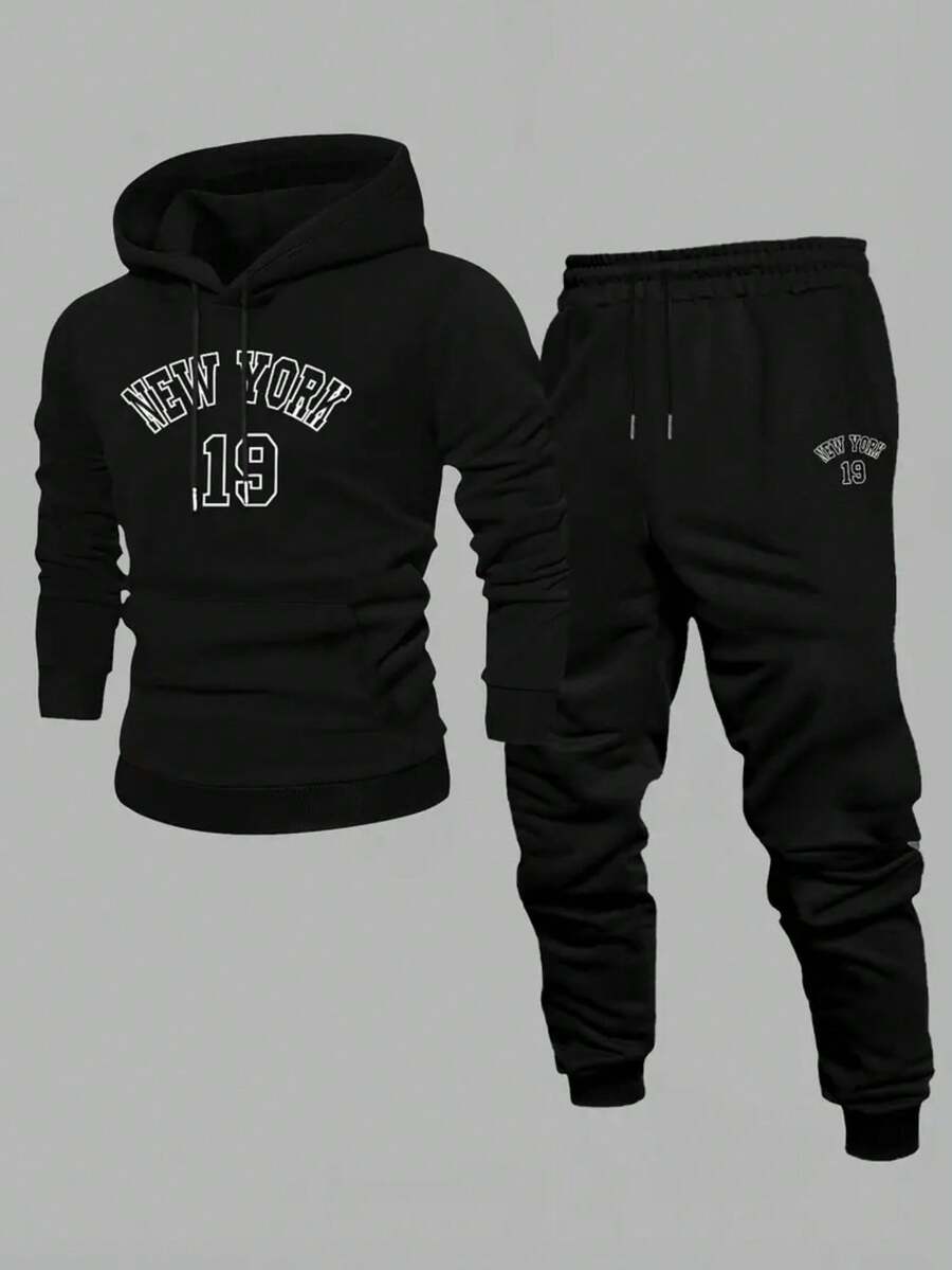 NEW YORK 19 Black Simple Letters Pattern Print Men's 2 Pieces Outfits Hooded Sweatshirt And Drawstring Pants, Casual Comfortable Set For Men Daily Wear - 黑色10 - 查看 1