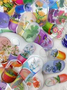 50pcs/Set Cartoon Colorful Flowers Transparent PET Stickers, DIY Decorative Decals For Luggage Laptop Guitar Notebook Water Bottle Phone Stationery Sticker