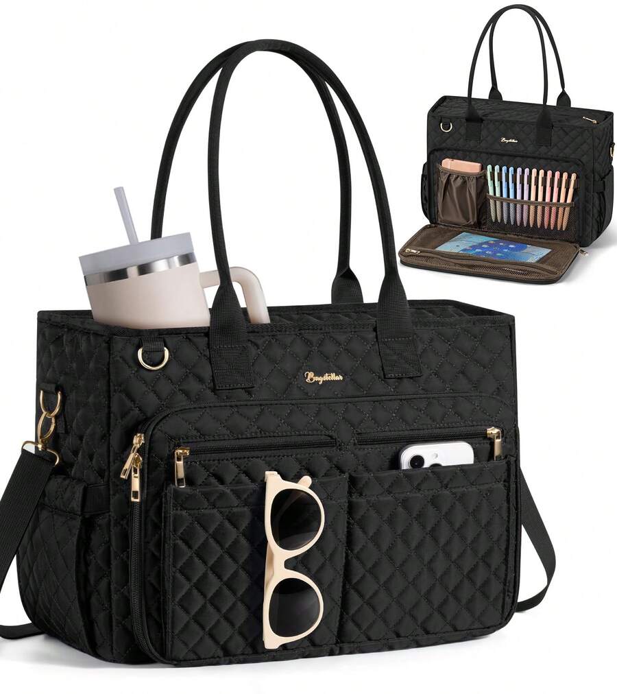 Teacher Tote Bag 15.6 Inch Laptop Bag For Women Work Bag Laptop Tote Nurse Bag Professional Computer Messenger Bag, Laptop Briefcase For Office, College, Nursing, Large Utility Tote Messenger Shoulder Bag, Best Teachers Day Gift ﻿ - 黑色 - 查看 1