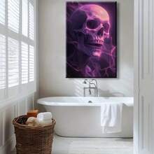 1 pieza Póster de arte de pared con cráneo gótico místico morado - Impresión en lienzo con marco de madera de tonos violeta y morado profundo, decoración gótica moderna para sala de estar, baño, regalos de Halloween y días festivos - Pintura contemporánea de cráneo etéreo, instalación de gancho fácil, decoración, diseño geométrico, obra de arte, decoración de dormitorio y accesorios, decoración del hogar y accesorios, decoración de pared, 2D plano, enmarcado, lienzo envuelto, pintura decorativa lista para colgar