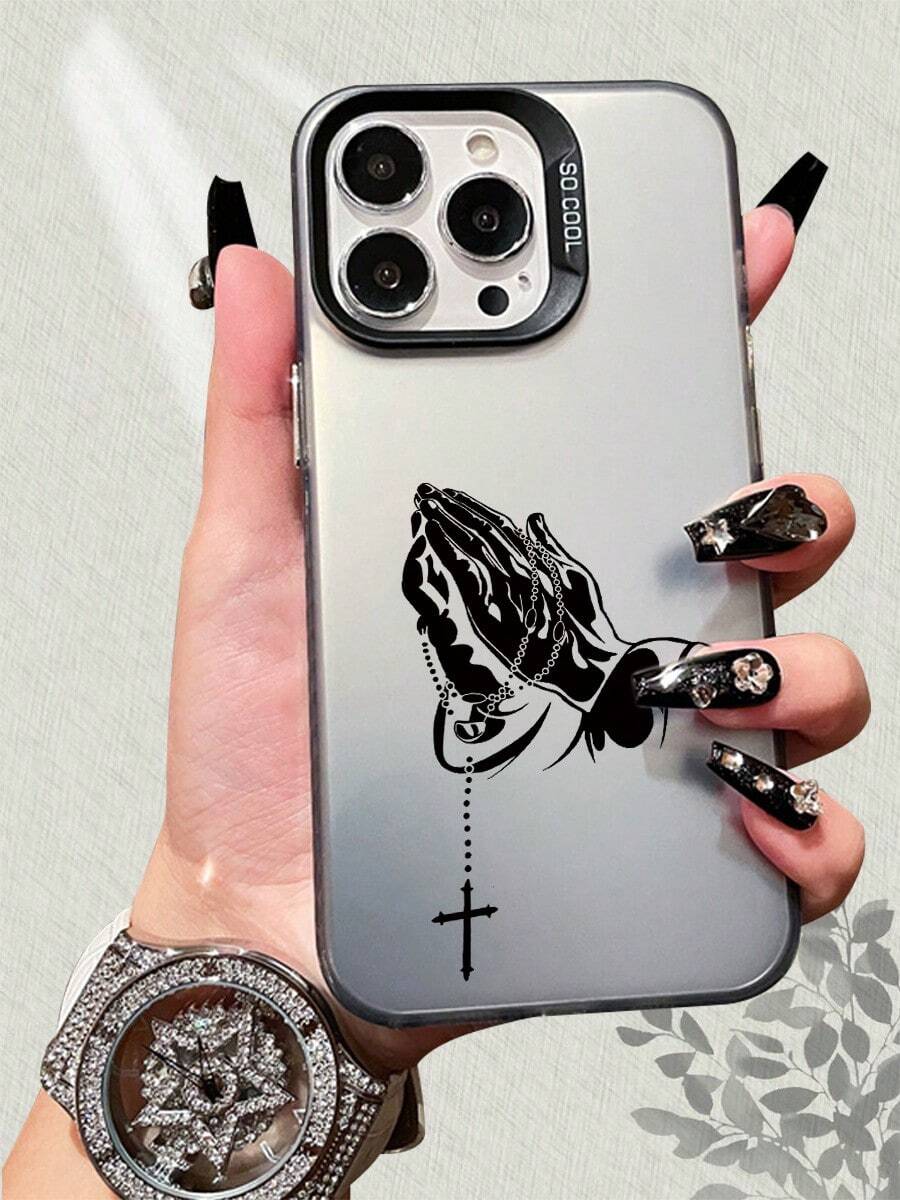 Praying Hands With Rosary And Cross Pattern Phone Case TPU IMD Shockproof Protective Cover Compatible With IPhone 15 14 13 12 11 S24 S23 S22 Religious - Themed Devotional Design Soft Back Shell - màu đen - Xem 1