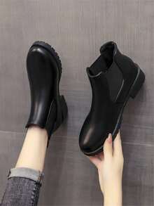 2.5" Platform Round Toe Ankle Boots, Black, Suitable For Sports And Casual Wear, 2025 Winter New Arrival, Retro British Style, Elastic Ankle, Short Boots, Thick Sole, Boots, Women's Ankle Boots, Warm And Comfortable Winter Footwear - Black - View 3