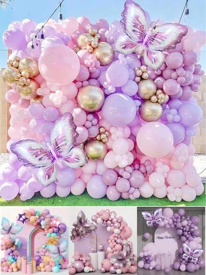 Conjunto de 128 globos con forma de mariposa para decoración de corona, incluye globos de látex en tonos lila claro, rosa claro y dorado, adecuado para baby shower, revelación de sexo, boda, fiesta de cumpleaños y decoración del hogar para niños y niñas