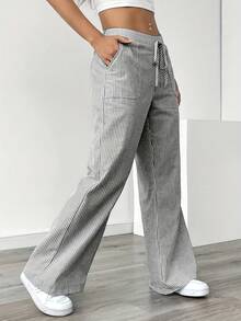 Women's Striped Wide-Leg Casual Pants - Comfortable And Stylish For All Seasons, Straight-Leg Design With A Waistband, Suitable For Everyday Wear And Festive Gatherings, Casual Wear | Striped Pattern | Comfortable Style,Vertical Stripe Drawstring Wide-Leg Pants: Slimming Fit, Comfort For Daily/Street;Relaxed Wide-Leg Trousers: Striped Design, Drawstring Waist, Versatile Outfits - 灰色 - 查看 4