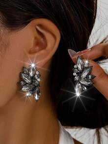 Cravure 1 Cặp bông tai pha lê thủy tinh hợp kim Bohemian, bông tai thời trang đa năng cao cấp thanh lịch sang trọng phóng đại cho phụ nữ - Xám - Xem 5